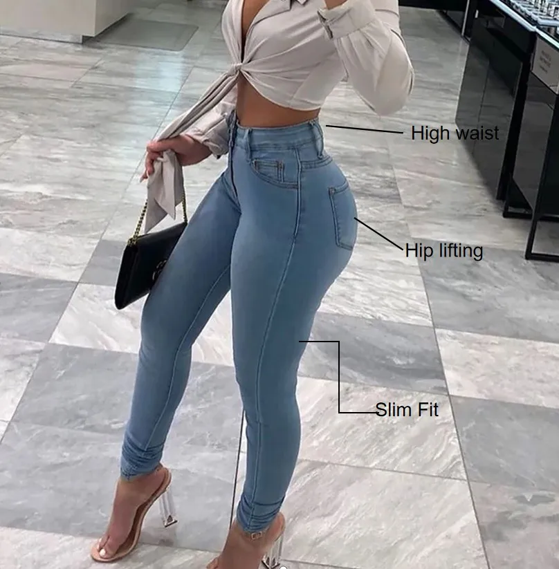 

2022 Fall Trousers Pencil High Waist Skinny Stretch Denim Blue Ladies Women's Plus Size Pants Jeans, Solid color