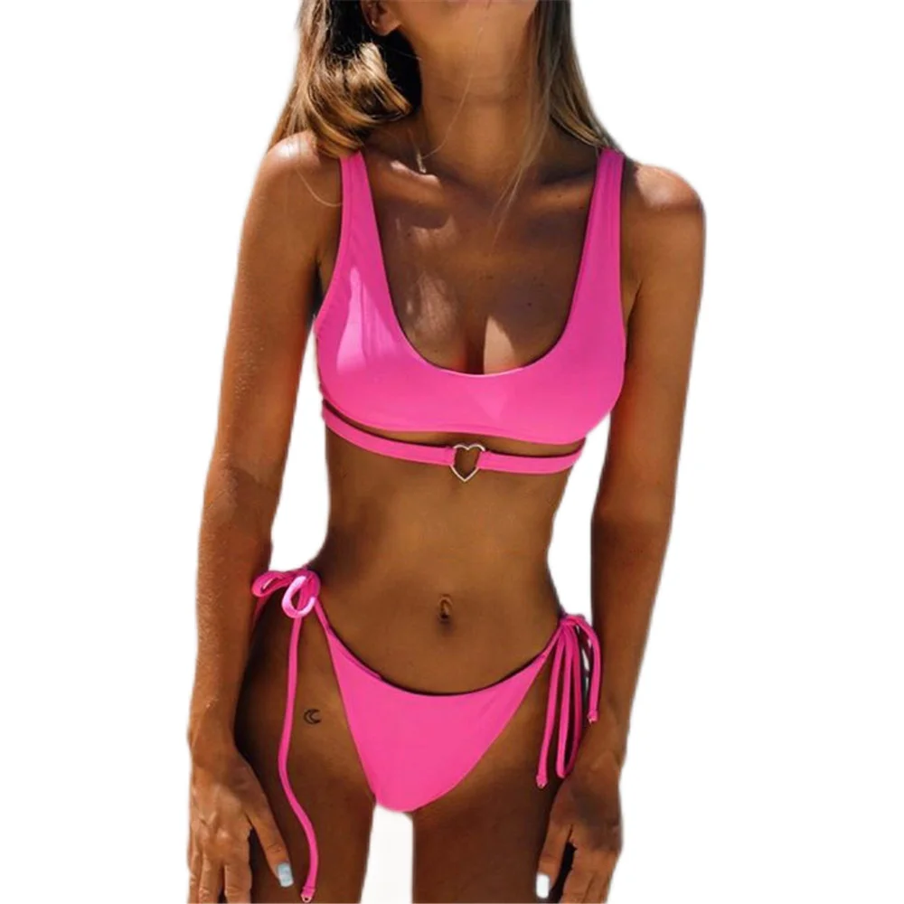 

2 Piece Women Sexy Love Strap Solid Color Swimsuit African Printed Plain Triangle Draw String Bikini Set, As shown