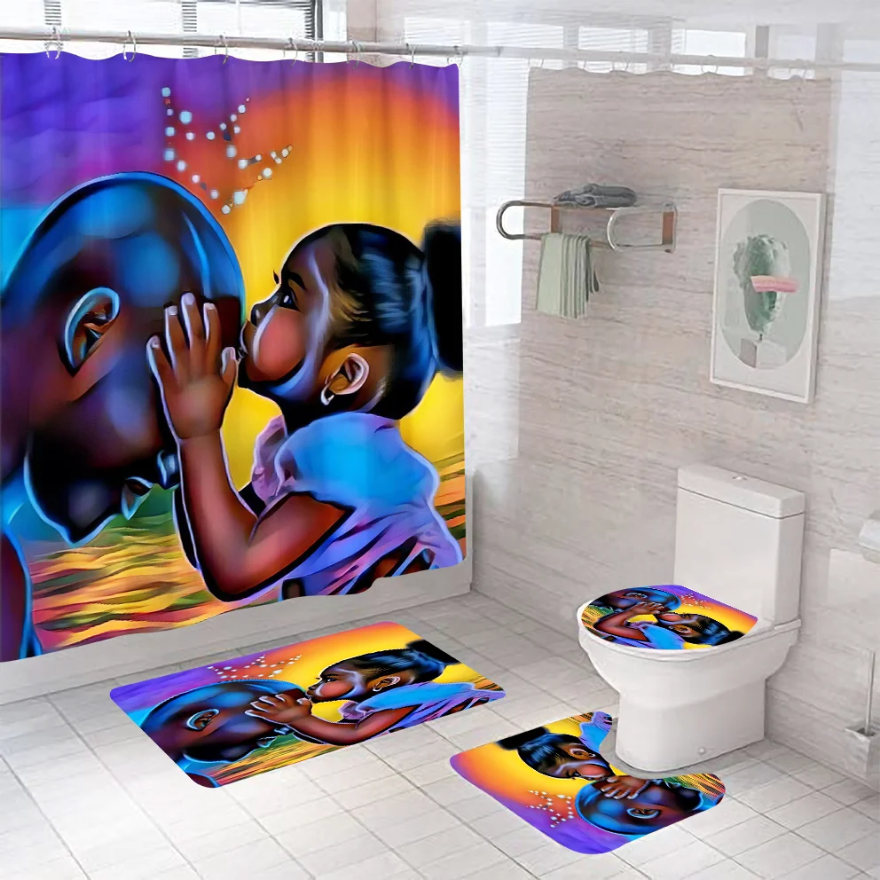 

Hot sales Afro women black girl customized size printed waterproof printed polyester fabric shower curtains set for bathroom, Custom colors