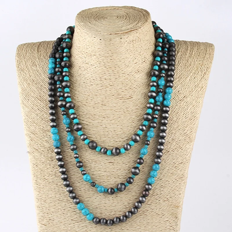 

Vintage Women Jewelry 3 Layer Gray Drawing Navajo Pearl Necklace Turquoise Beads Necklaces