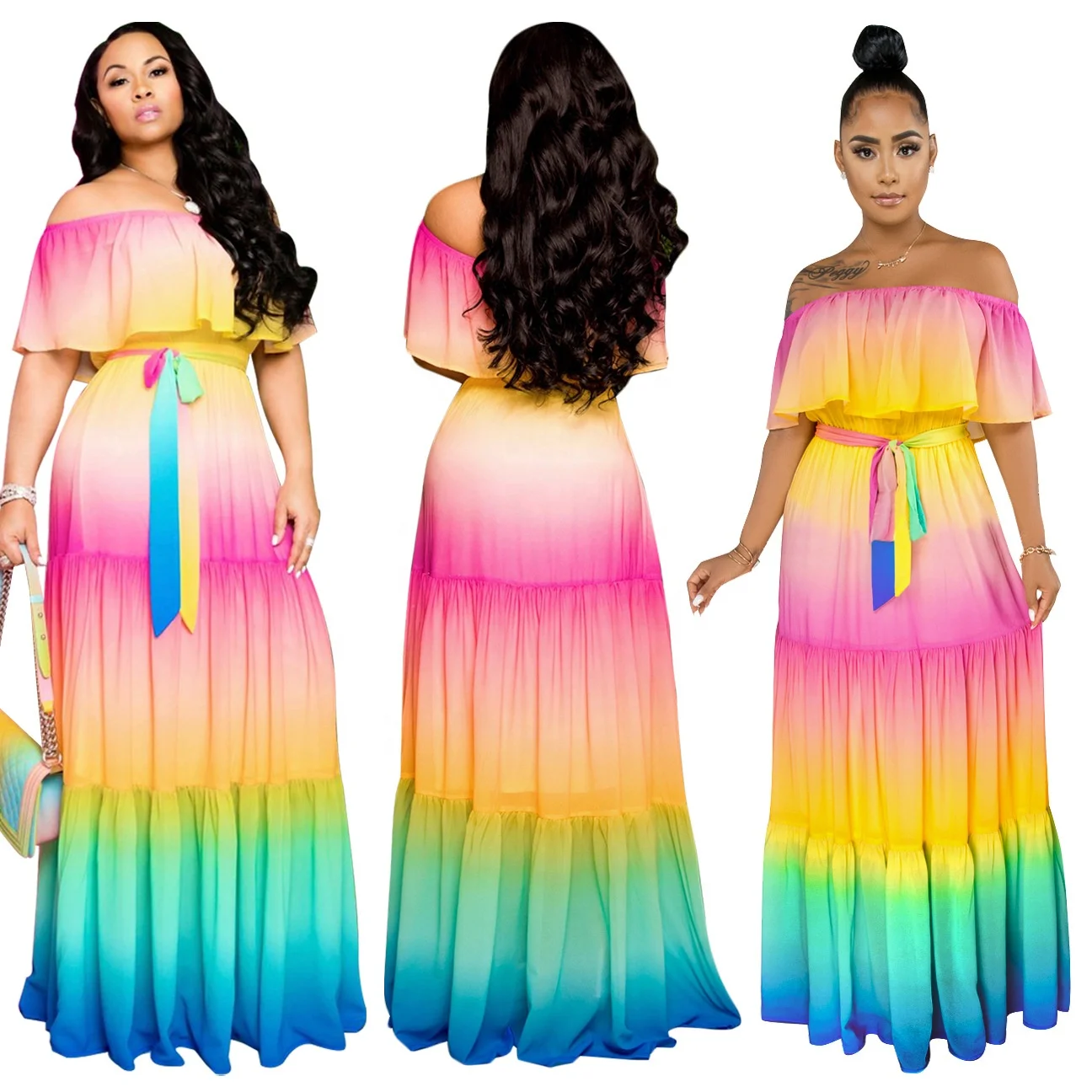 

B62941A Cross-border women's tie-dye patchwork positioning printing sexy one-word shoulder floor-length dress