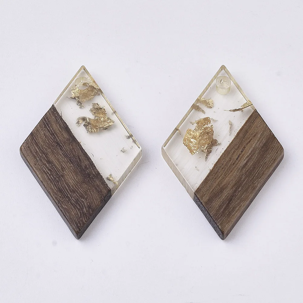 

PandaHall Rhombus Gold Foil Transparent Resin Walnut WoodenPendants