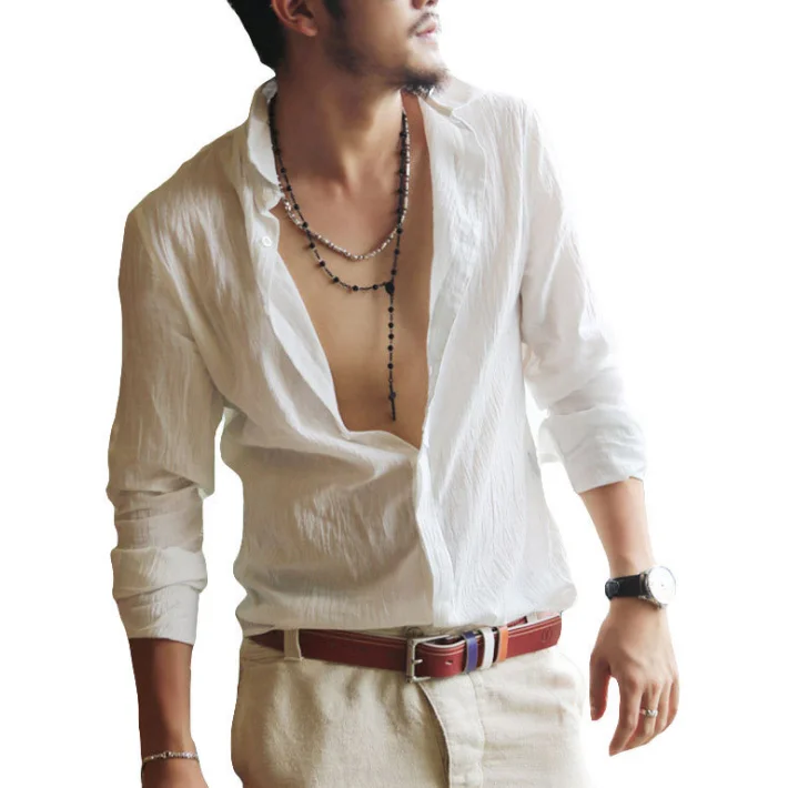 

Plus Size Shirts Cotton Linen Men Shirt Long Sleeve Summer Style Hawaiian Shirts Sexy Slim Fit Men Clothes New Arrival