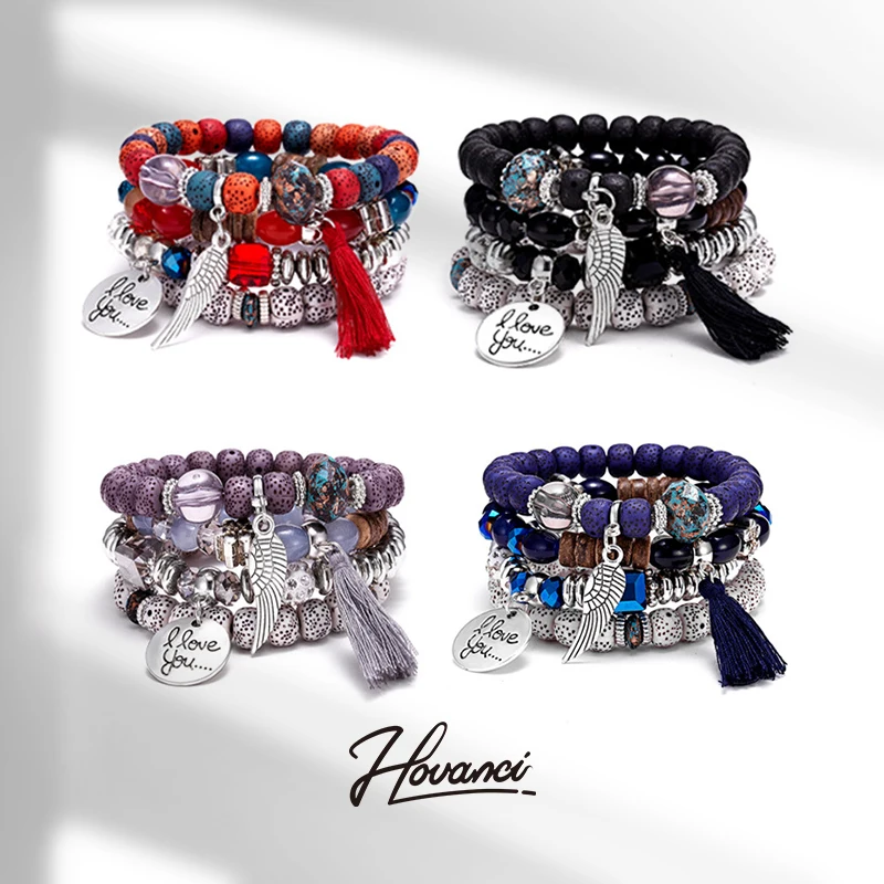 

HOVANCI Popular Style Beads Bracelets Set For Men Natural Stone 01 Bohemia Jewelry Wing Tassel Natural Stone Bracelet Set, Red,blue,black,white,gray