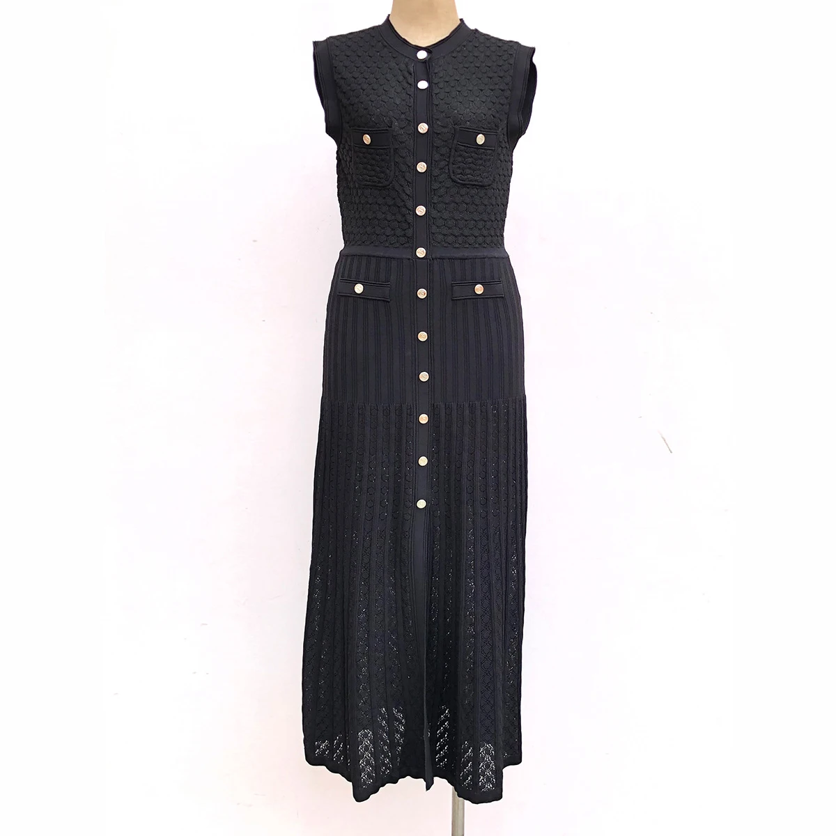 Trendy Crew Neck Spring Casual Knitted Lady Button up Sleeveless Elegant Slim French Midi Casual Dress