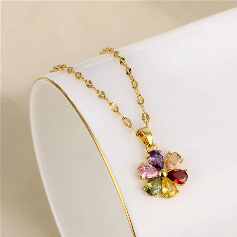 

Collana Di Fiori Colorful Zircon Flower Pendant Necklace Statement Stainless Steel Gold Plated Chain Choker Flower Necklace