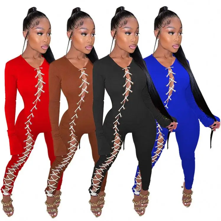 

Women cotton bodycon jumpsuits long sleeve o-neck bandage solid color rompers sexy fashion skinny ankle women clothing