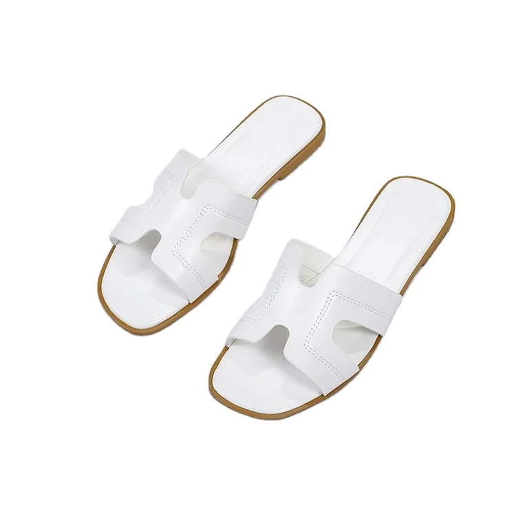 

2021 Summer Fashion Women Sandals H Shape Faux Leather White Flat Sandals For Outdoor, Customized color