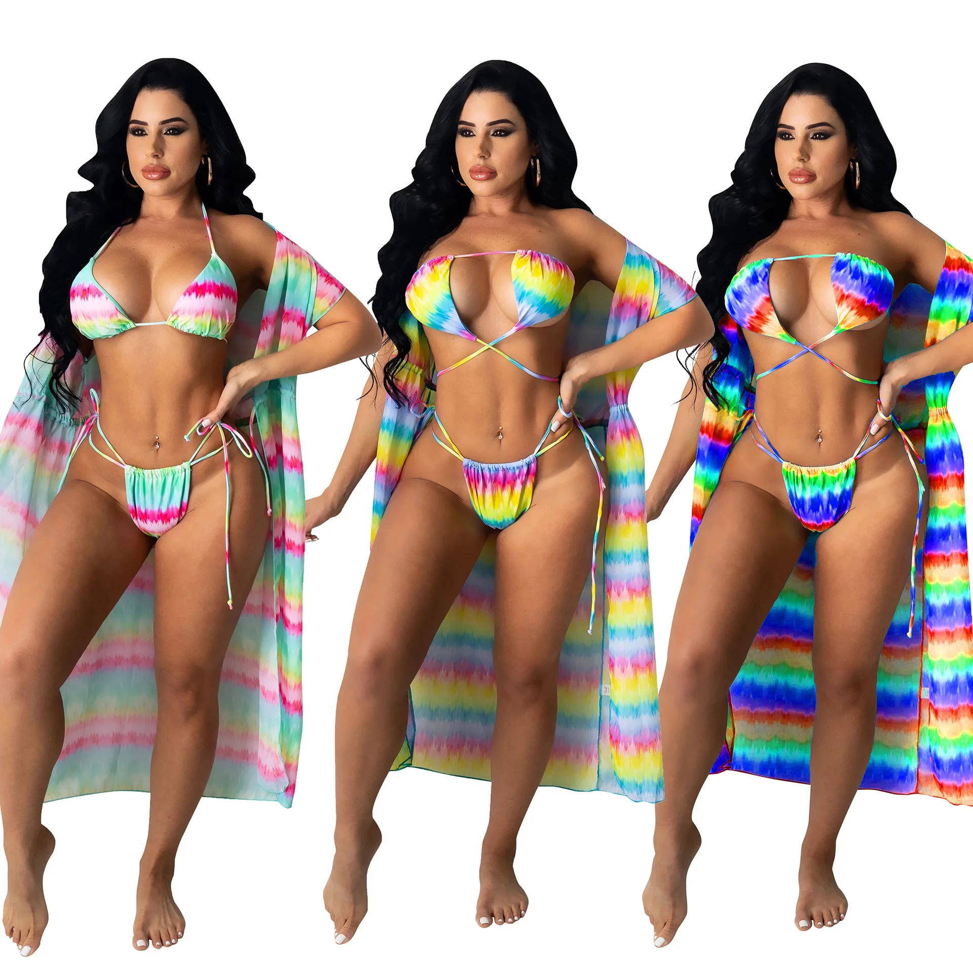 

2022 New Bikini Long Sleeve Sunscreen Cover Sexy Print Cape Bikini Split Swimsuit Three Piece Set, Customized color