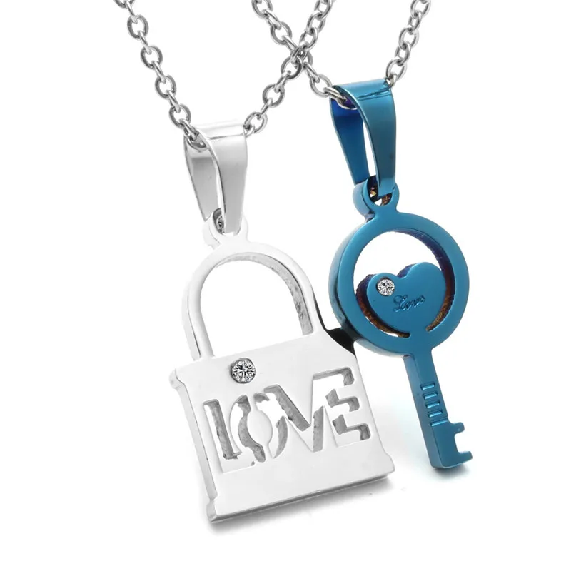 

Hot sale couple love jewelry stainless steel lovers fashion lock and key pendant necklace with engrave accessories mom marriage