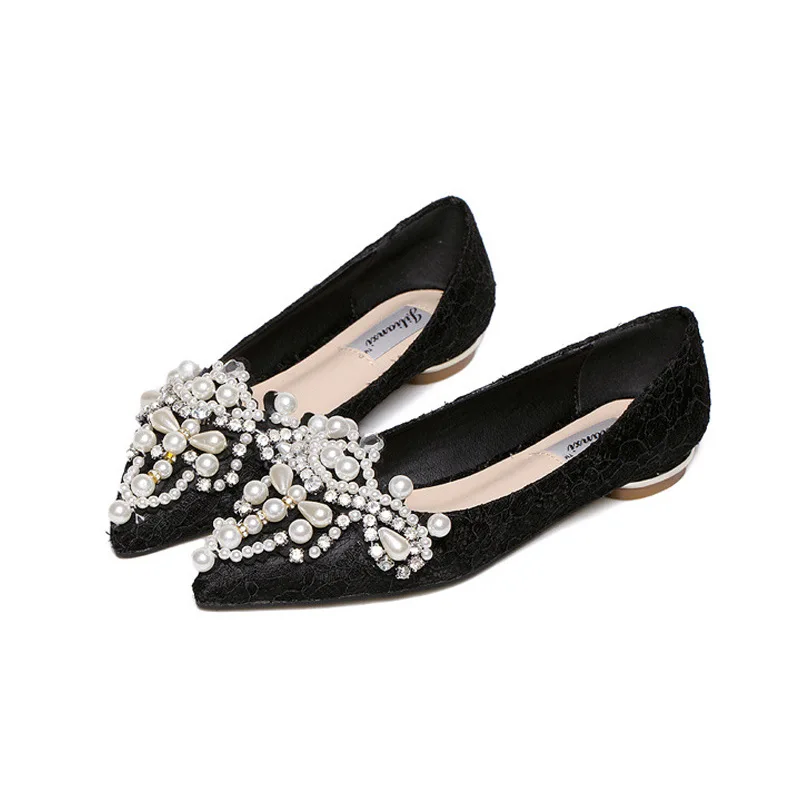 

Popular New Pearls Ivory White Low Heel Sandals Women Bridal Wedding Flat Sandals Luxury Shoes, Black & white