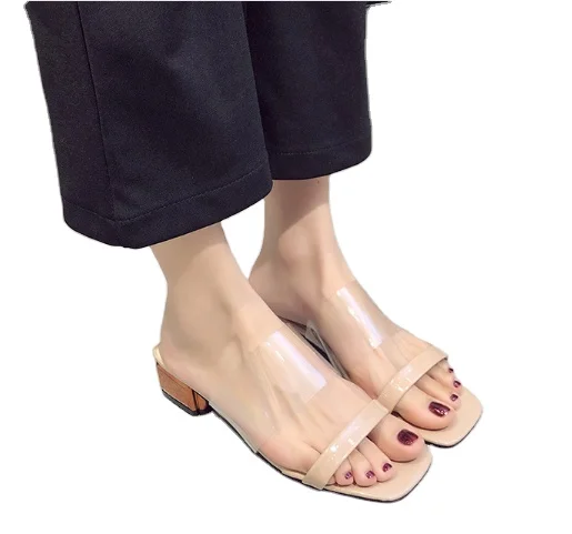 

Wholesale popular one line transparent belt with sandals and square head slippers, Black,beige,pink