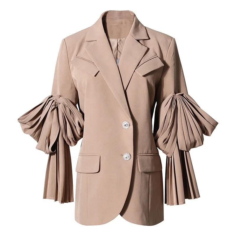 

TWOTWINSTYLE Notched Long Sleeve Korean Patchwork Ruched elegant womens blazer 2021 short set Ladies Women