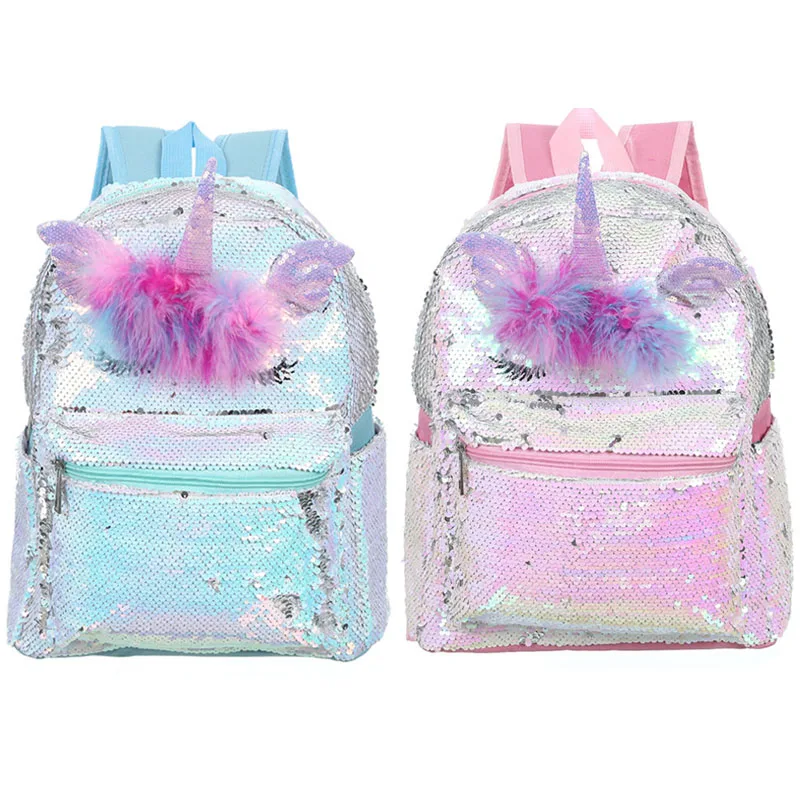 

2020 Wholesale reversible sequin unicorn cartoon fashion girls travel backpack kids school bags, As picture show