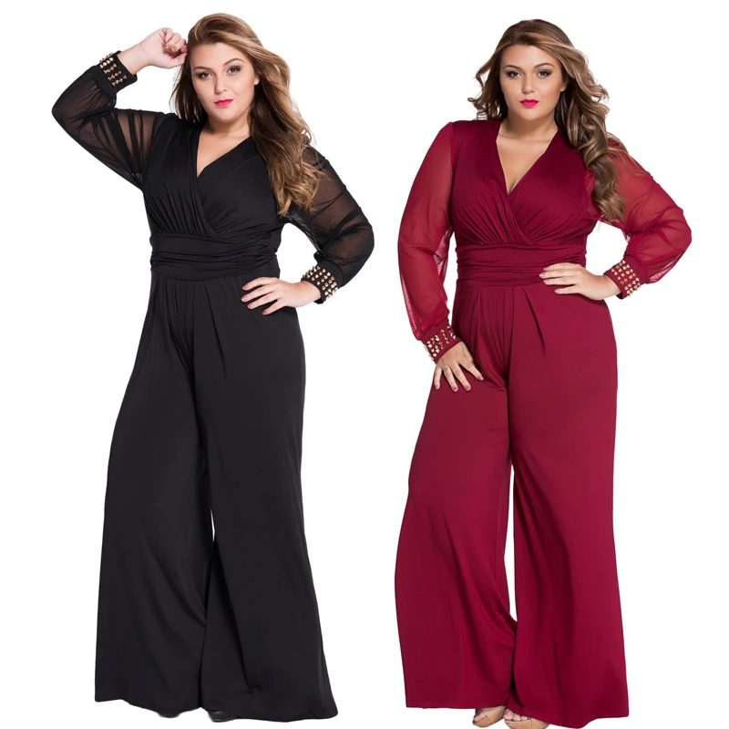 
Wholesale Black Embellished Cuffs Long Mesh Sleeves Woman Jumpsuit 2020 