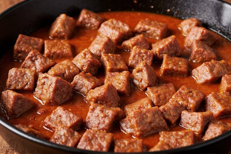 Close-up of perfectly seared beef chuck cubes in cast iron pot for best ever chili recipe