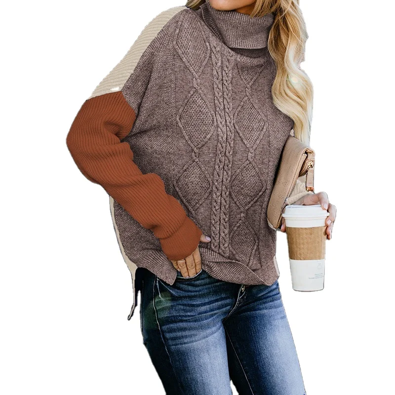 

2021 ODM OEM Custom Knitwear New Fashion Color Block Cable Knit High Neck Sweater Women Thick Mohair Cashmere Custom Sweater, Customized women sweaters fashionable