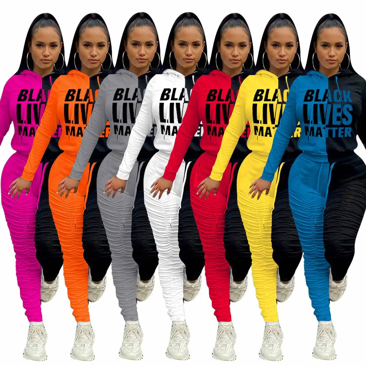 

Women Letter Printed Patchwork Color Stacked Pants Sets Sweatsuit Tracksuit Hooded Sets, Letter hooded sets