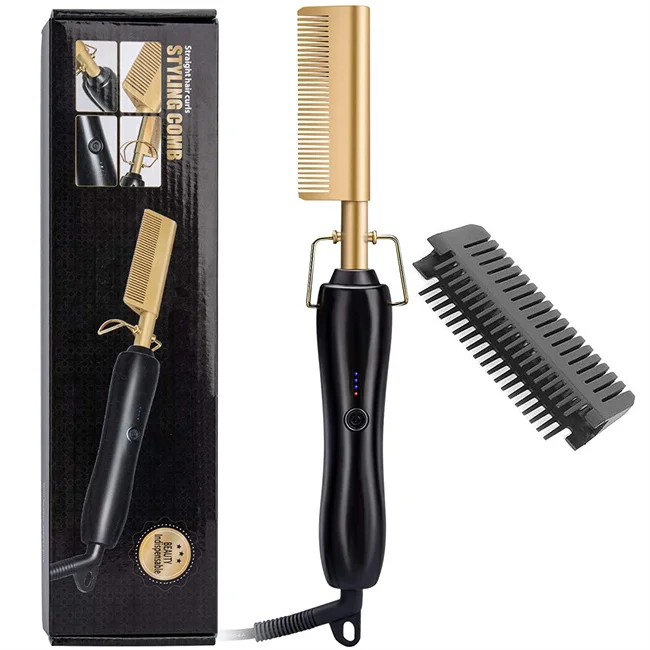 

Professional Gold Hair Straightener 2 in 1 Hot Comb Flat Iron Hair Straightener Comb