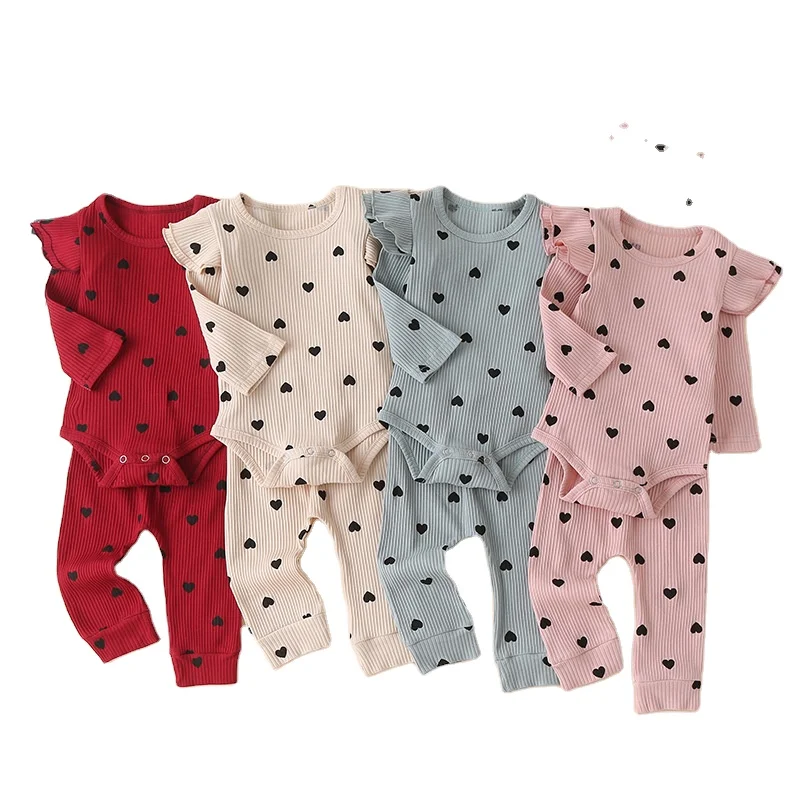 

Heart printed baby girls' rompers and long pants infants 3-pieces clothing sets toddlers cotton clothes