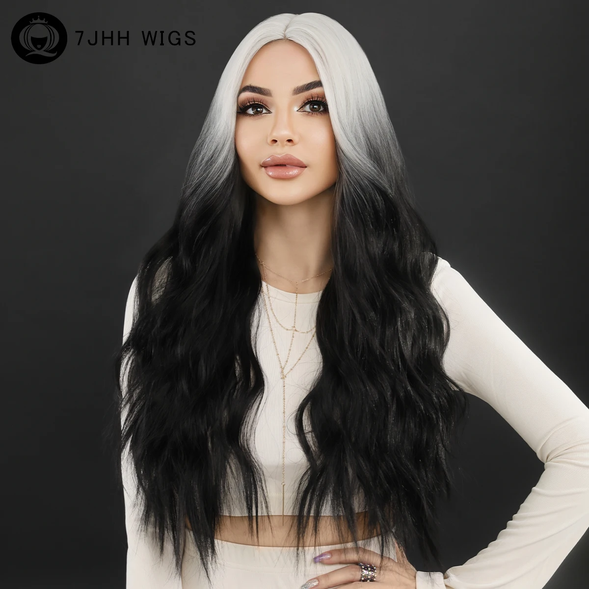 

Ombre White Curly Wig Middle Part Synthetic Heat Resistant Wig for Women Platinum White Curly Water Wavy Hair Wig 26 Inches