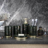 

Wholesale 5 Piece Green Glazed Gold Decal Ceramic luxury bathroom accessories