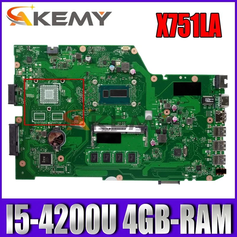 

Akemy X751LD Laptop motherboard for ASUS X751LA X751LAB original mainboard 4GB-RAM I5-4200U LVDS/EDP
