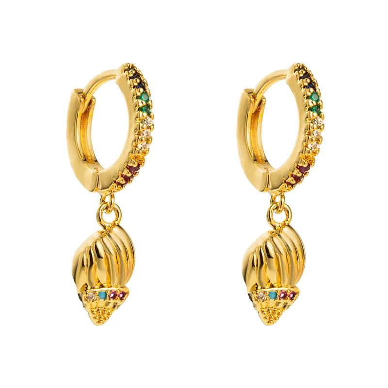 

Fashion Trendy Conch Shell Shape Copper Plated Gold Earrings Women's Micro Inlaid Colorful CZ Cubic Zircon Earrings