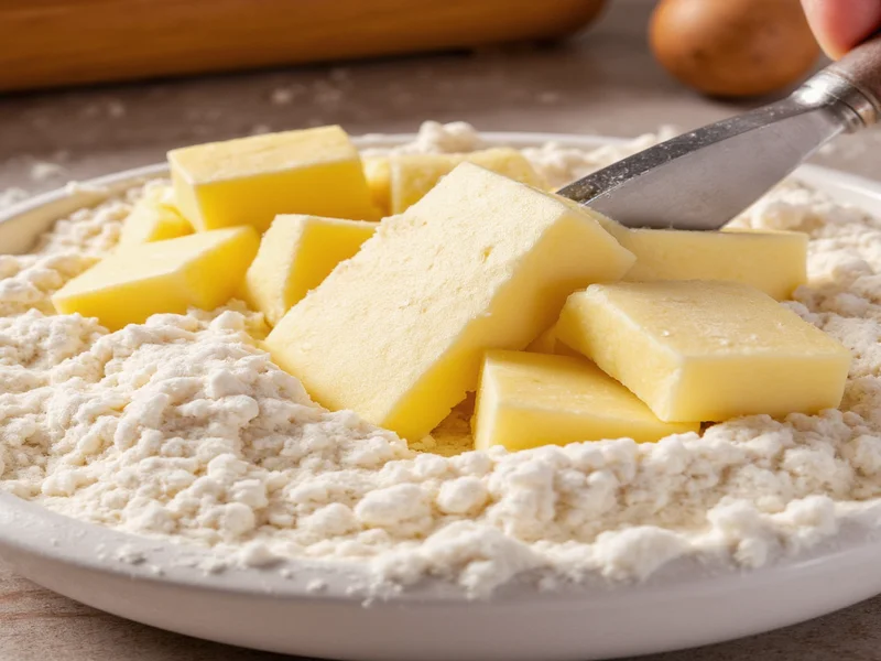 Pastry blender cutting butter into flour for pie crust