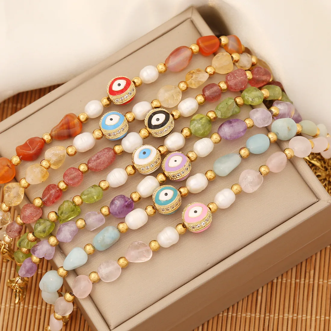 

Wholesale New Arrival Stainless Steel Adjustable Pearl Natural Stone Crystal Beads Devil Eye Bracelet For Women