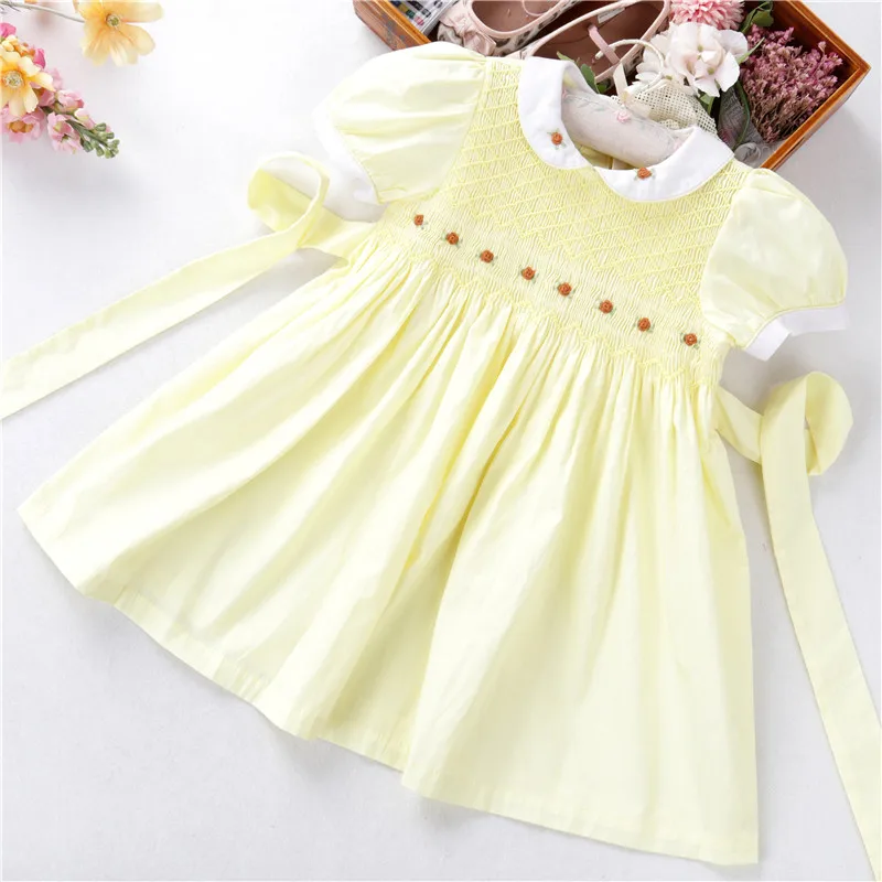 

C042196 kids dresses for girls smocked dress yellow peter pan collar cotton baby clothes wholesale children outfit