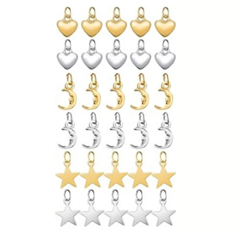 

Paso Sico Wholesale New 30pcs/set Moon Heart Star Dangle Charms for Nails 16mm Moon Mixed with Loop DIY Nail Art Decoration