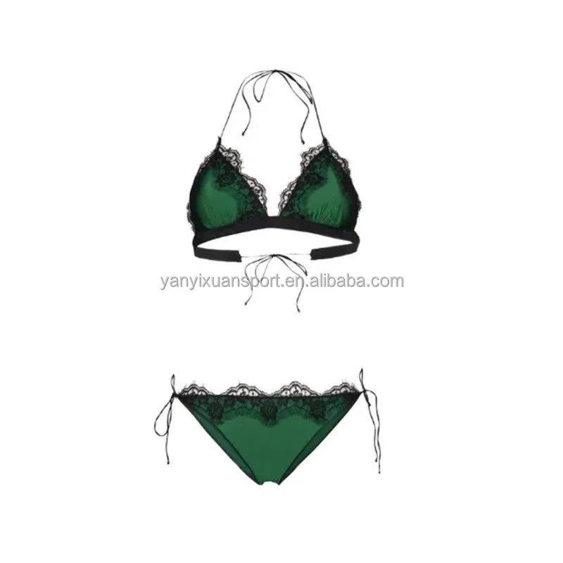 

2021 Quality Luxury Bathing Suits Sexy Triangle Bikini Transparent Strappy Lace Hollow Out Bralette Panty Bra Set, Customized color