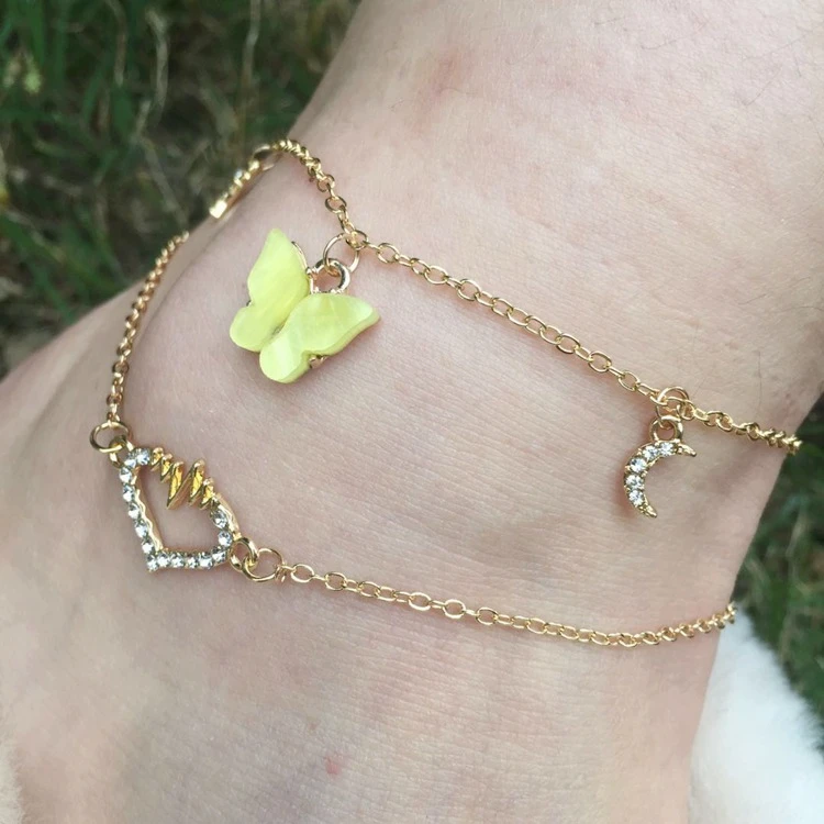 

Jialin jewelry acrylic color layered hot selling yellow gold plated moon love set butterfly charm bracelet anklet