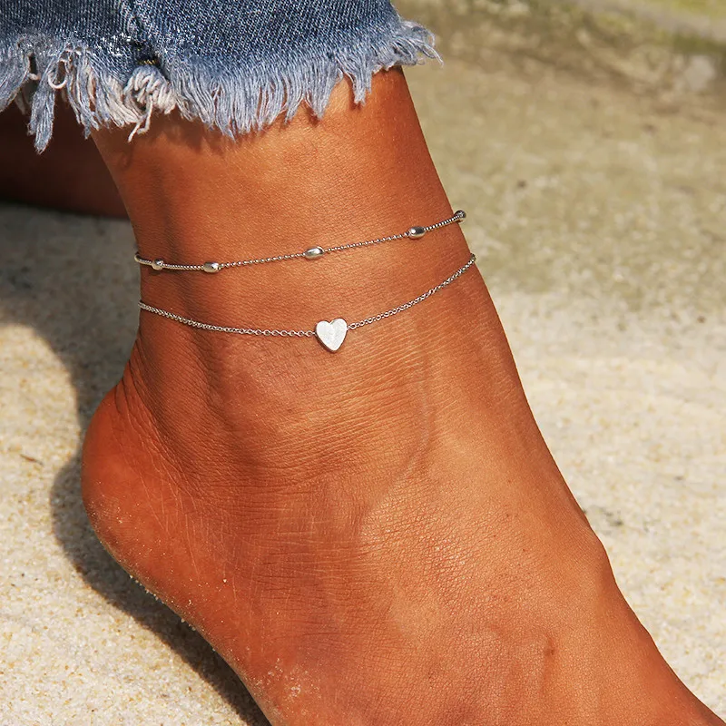 

Simple Heart Female Anklets Barefoot Crochet Sandals Foot Jewelry Leg Ankle Bracelets For Women Leg Double Chain Anklets, Gold,silver