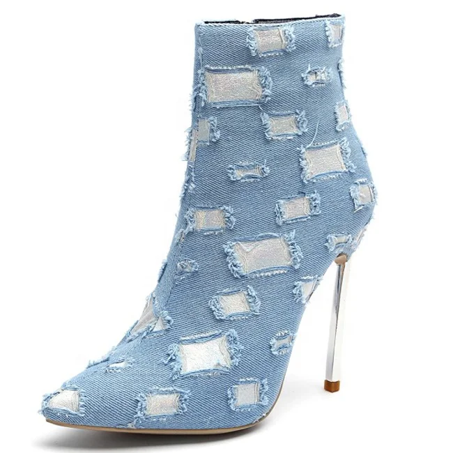 

Sexy 12cm Metal Thin Heel Women Ankle Boots Denim Pointed Toe Winter Booties Polka Dot Stiletto Lady Dress Short Boots, Lightblue darkblue