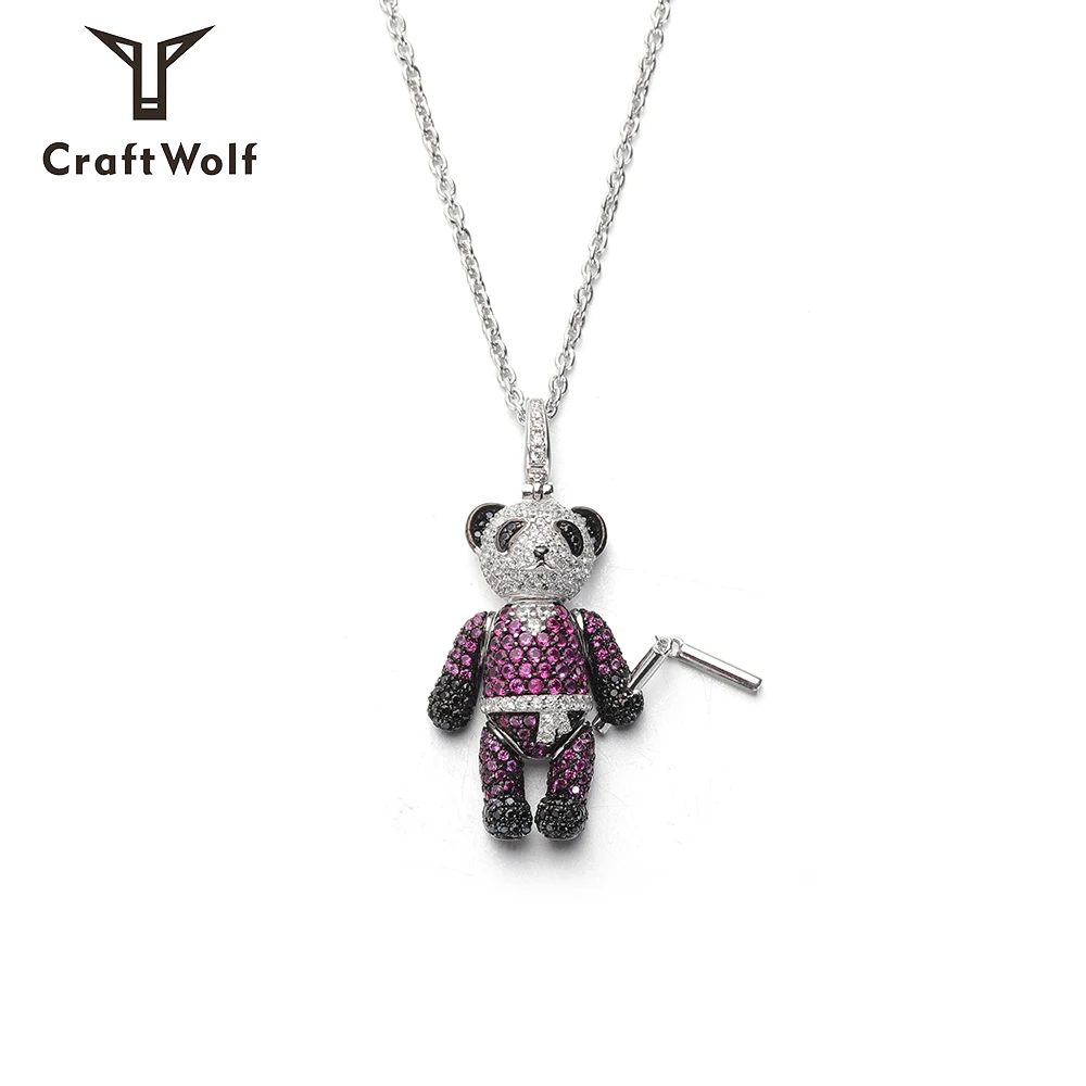 

Craft Wolf Fine jewelry personalized hiphop Zircon cz Rhinestone 925 sterling silver choker chain panda pendant Necklace, Silver,black,rose red