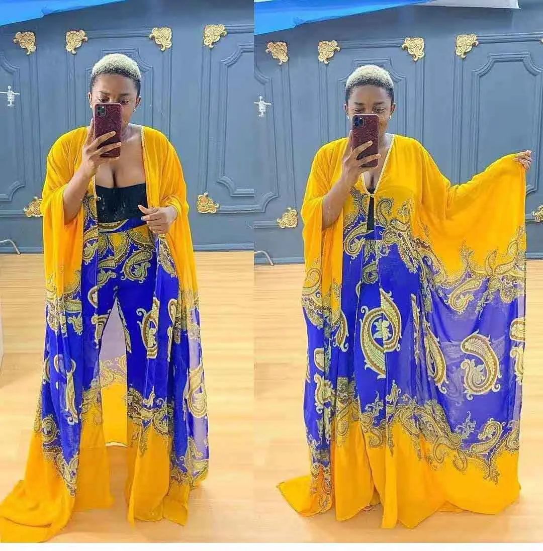 

2022 Muslim & Arab casual two pieces set fashion printing trousers African women plus size abaya kaftan style robe, Yellow, black, blue