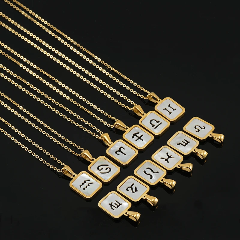 

Poya 12 Astrology Tarot Card Rectangle Pendant Gold Plated Stainless Steel Zodiac Sign Necklace