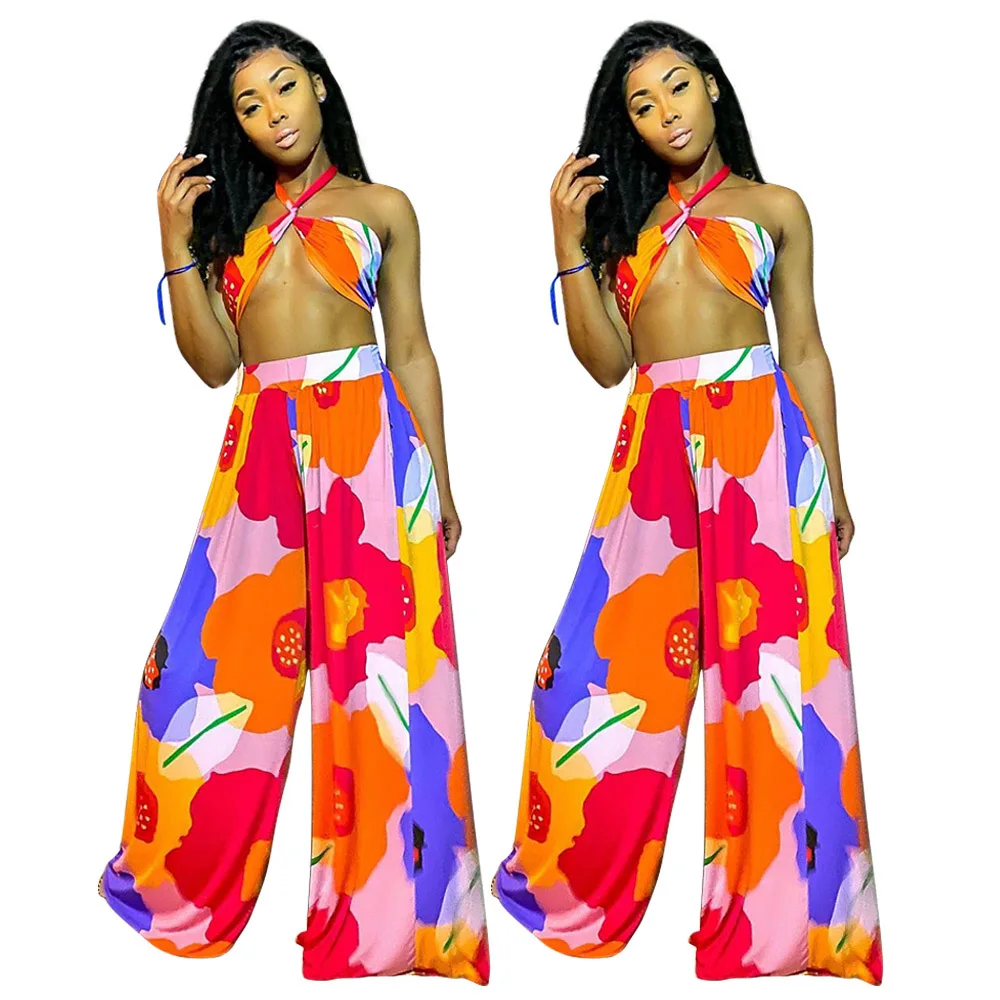 

B54648A Two pieces pants suit women sexy print tops with loose pants, Shown
