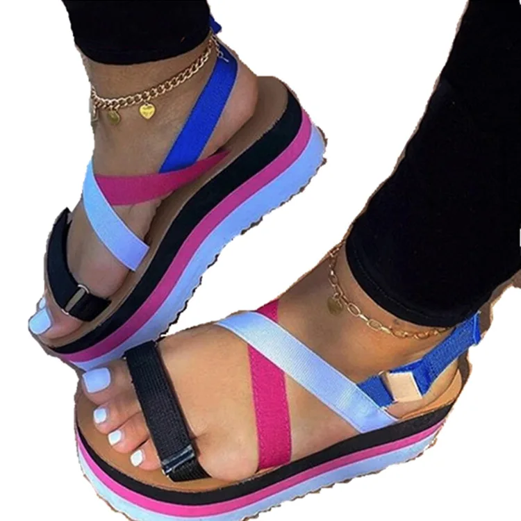 

LX-063 2021 Latest colorful multi-cross strap open toe sandals for women summer platform thick sole beach sandal wholesale, Picture show , squine colors