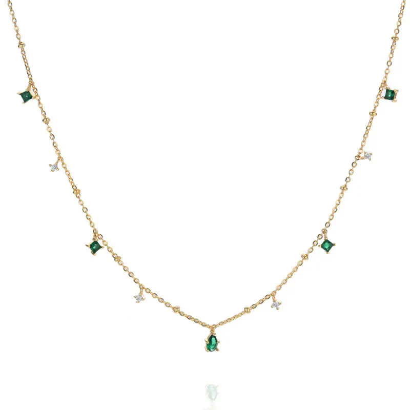 Vintage Emerald Zirconia 18k Gold Plated Silver Necklace 925 Sterling Silver Zircon Tassel Choker Necklace