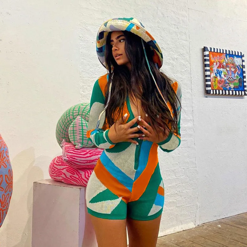 

2022 New Collar For Polo Arrivals Bodysuits Women V Neck Rompers Patchwork Knitted Short Jumpsuits