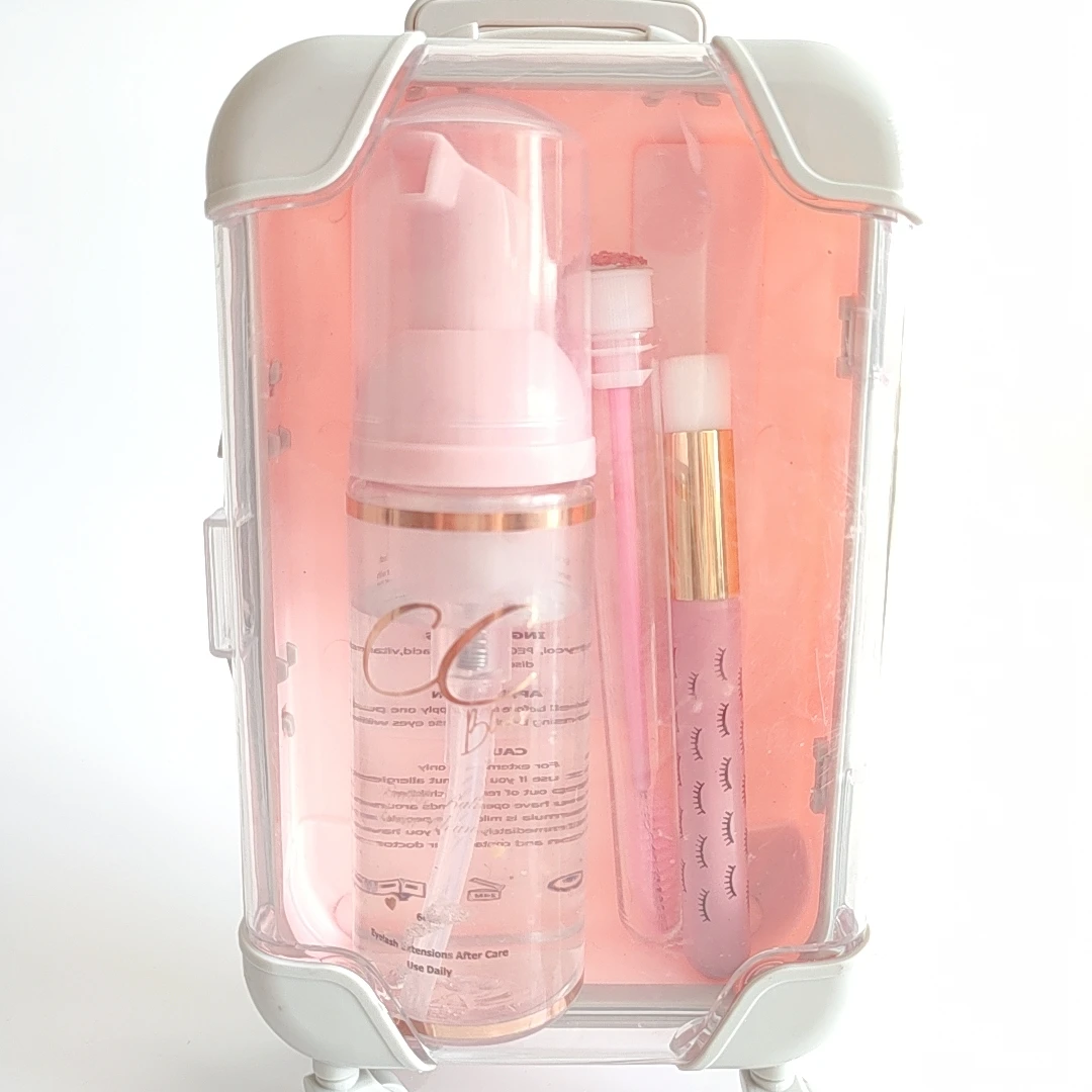 

Private label vegan oil free cleaning brush lash shampoo set in suitcase package