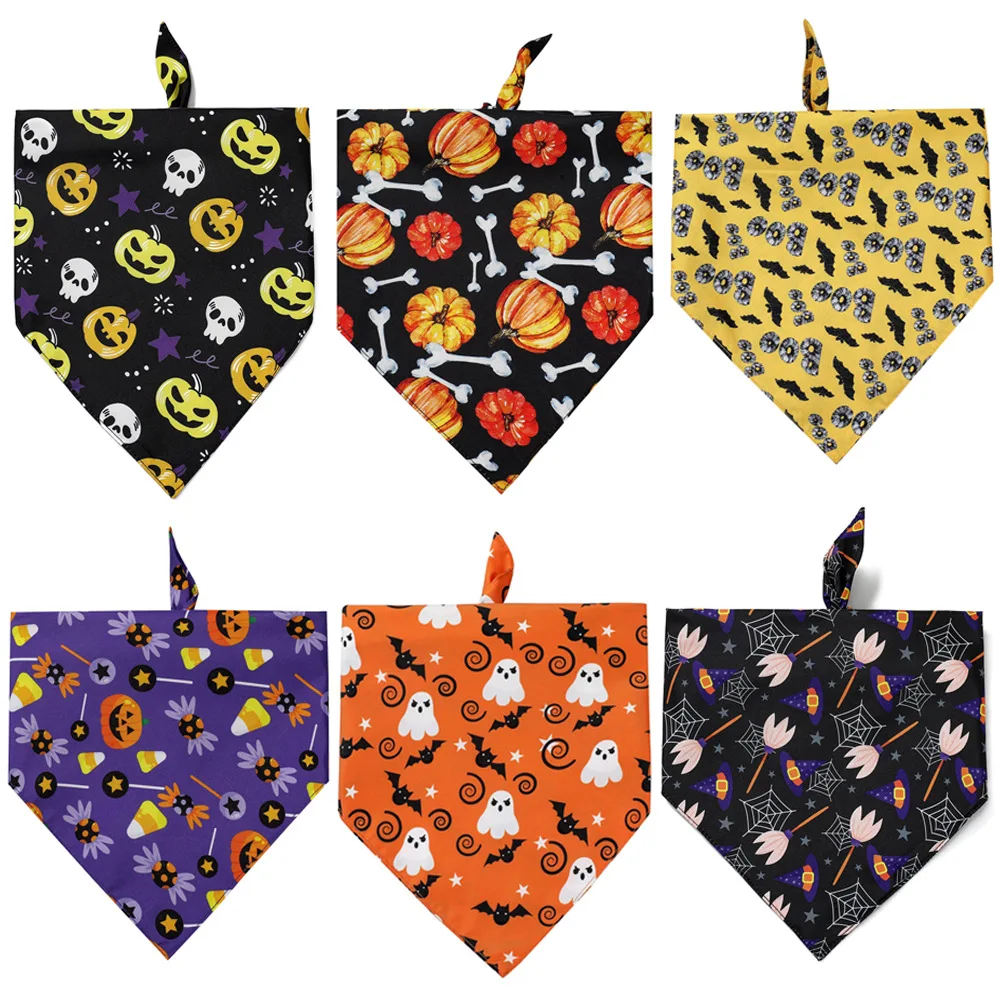 

Design Printed Logo Bats Candy Corn Pumpkin Triangle Bibs Scarf Halloween Dog Bandanna For Pet Cat, Picture shows