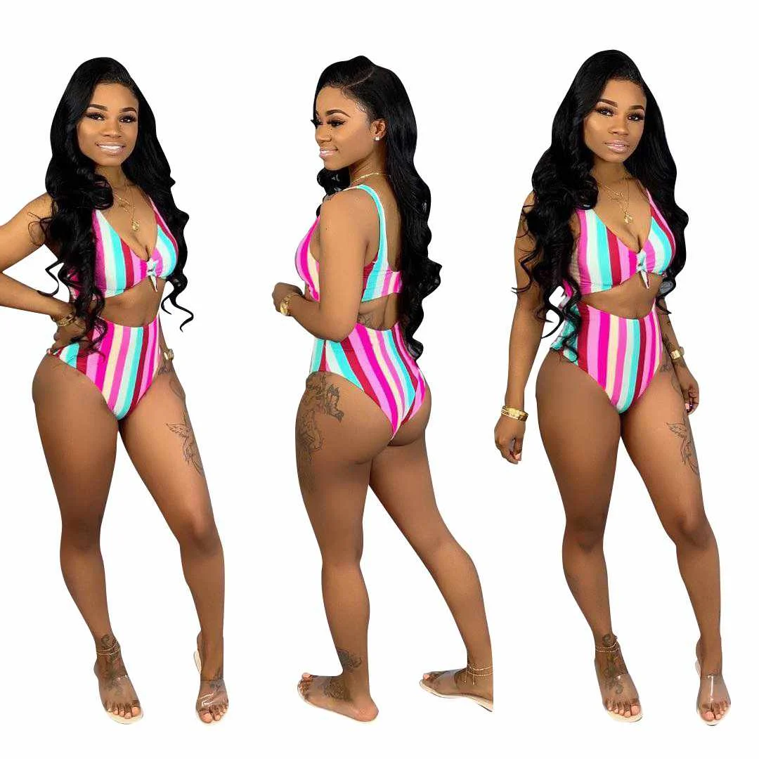 

Wholesale Women Striped 2 Piece Set High Waist Bikini Swimsuit Bathing Suit Swimwear Women