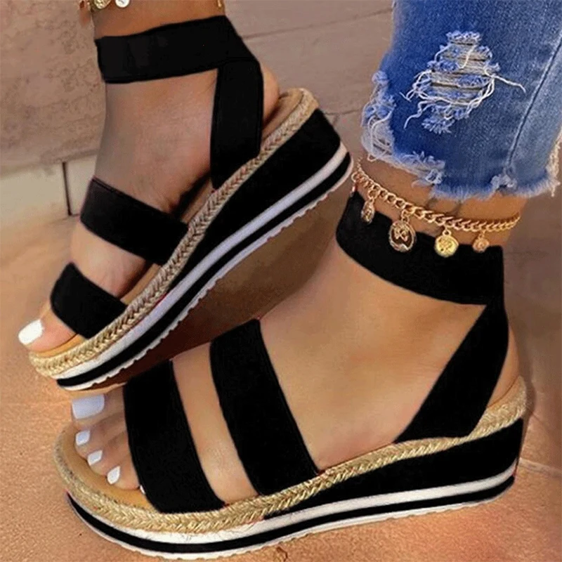 

Summer new women wedge heel sandals hemp rope bottom color matching women sandals, Picture