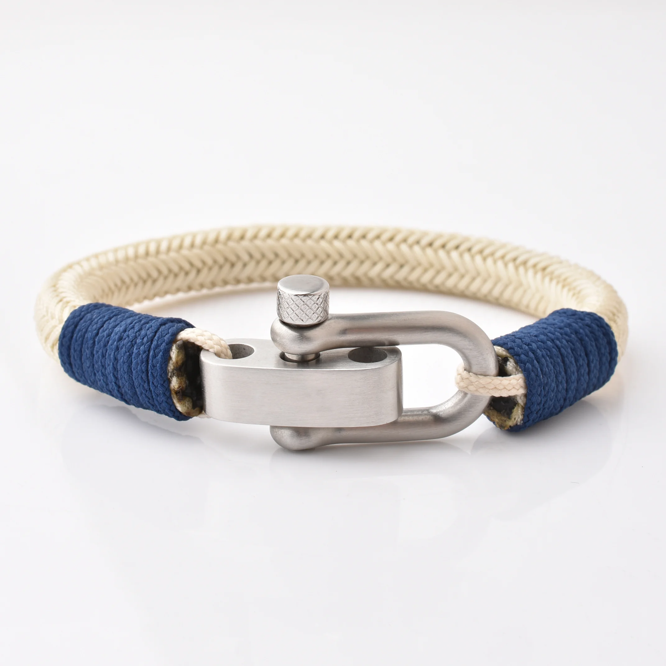 Stainless Steel Ocean Sailing Bracelet Brushed Silver U Shaped Shackle Men Custom Women Men Beige Nylon Rope Bracelet