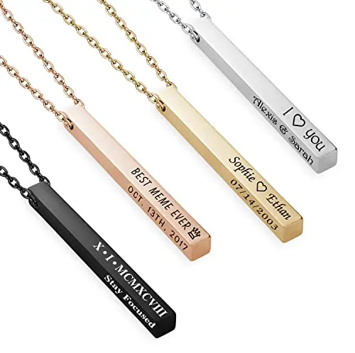 

Low MOQ Custom Name Personalized Vertical 3D Bar Necklaces 18K Gold Engrave Minimalist Stainless Steel pendants For Women Men