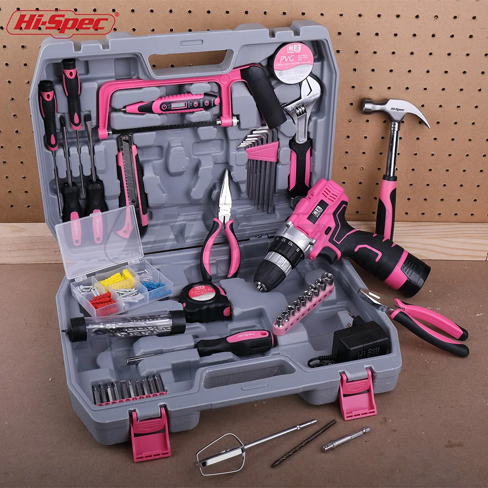 hispec 124 片粉红色女士电动手工具套装套件无绳电钻 16.